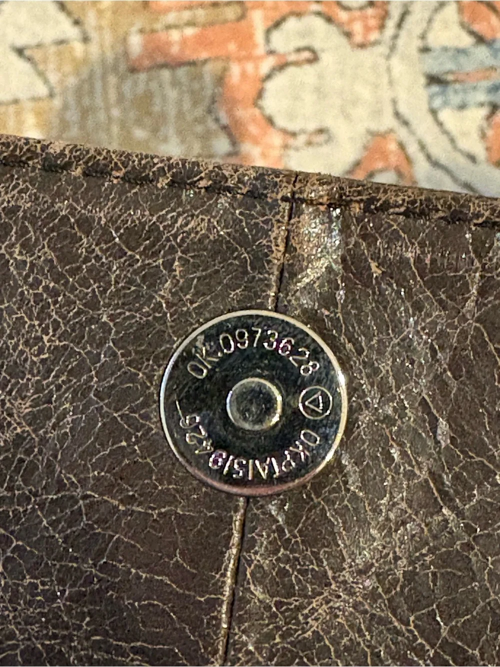 Distressed Brown Leather Foldover Clutch Wristlet with Map Print Lining